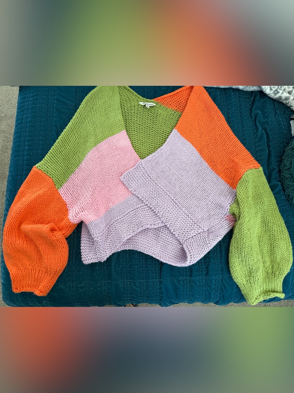 DAVI & DANI Colorblock Knit V-Neck Sweater - Green Pink Orange Purple
